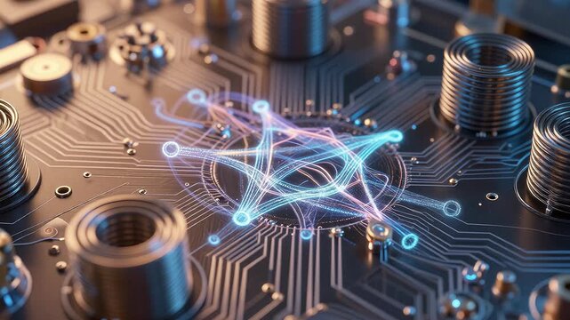Futuristic Circuit Board with Electric Pulses and Dynamic Connections
