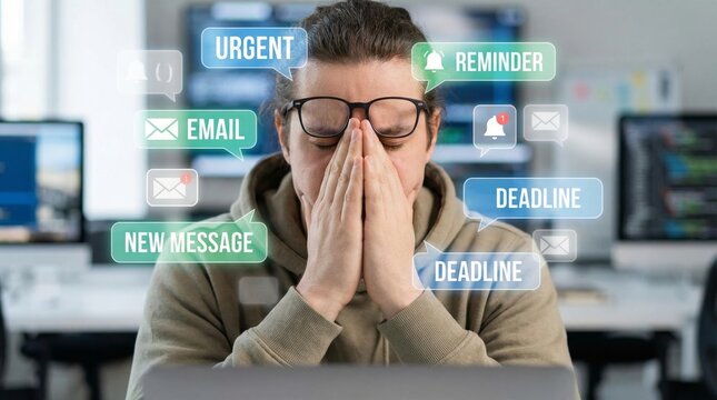 Stressed man working on computer at office with digital notification icons. Overwhelmed employee facing email overload and tight deadline. Burnout, heavy workload and professional pressure.