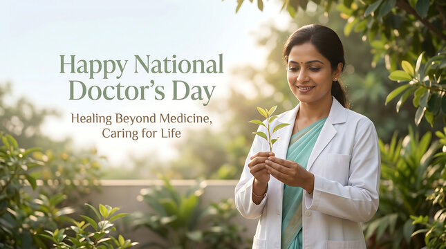 Smiling female doctor in white coat holding plant on national doctor's day with green background