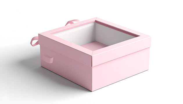 Empty pink gift box with clear window lid and ribbon tie, isolated on white background, ready for product packaging or presentation