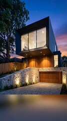 Fototapeta premium Modern Architectural Marvel - Contemporary Home with Stunning Design and Evening Ambiance.