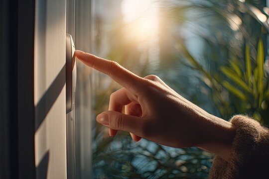 Finger presses button on wall, sunlight streams through foliage