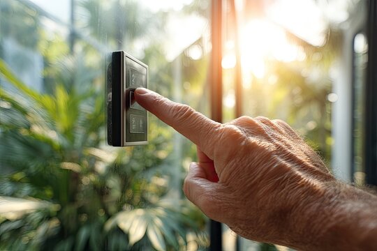 Finger interacting with touch screen panel on a window with greenery background