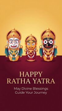 Vibrant ratha yatra festival illustration with three divine faces and golden text on maroon background