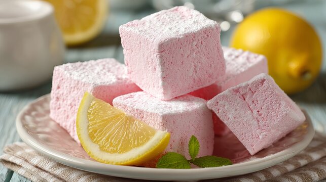A plate of pink marshmallows dusted with powdered sugar and served with lemon slices on a rustic table setting