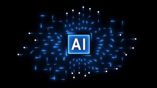 Glowing digital circuit board with central processor chip displaying AI concept,Digital schematic with neon energy flow, Futuristic AI technology and algorithm processing 4k video...