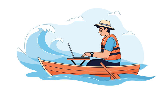 Remote Worker Navigates Rough Seas on Laptop