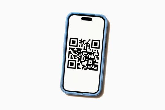 Studio shot of smart phone displaying QR code