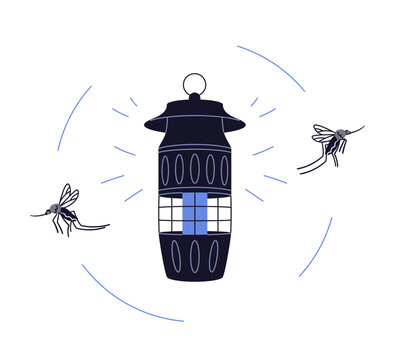 Anti-mosquito zapper with protective UV light. Insect killer lamp for bites protection. Portable electric lantern, repellent device, trap. Flat vector illustration isolated on white background