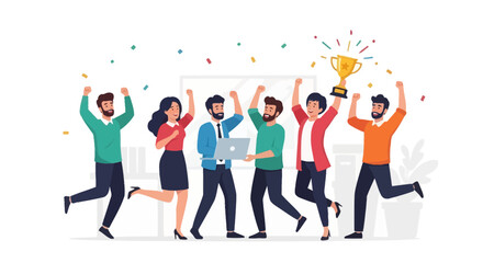 Obraz premium Team Celebrating Success with Trophy and Confetti