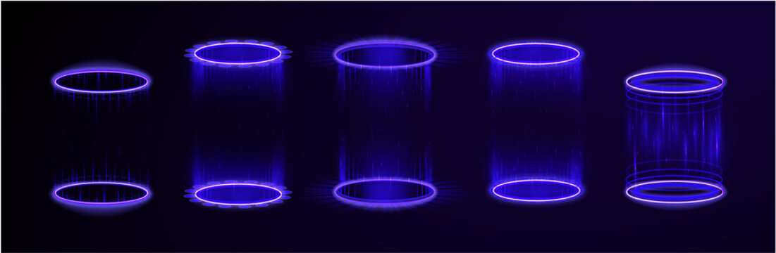 Neon glowing teleport gateway with radiant white rings creates magical sci-fi effect. Dark background enhances particle light motion and depth.