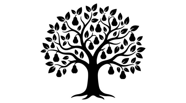 Stylized silhouette of a fruitful pear tree laden with ripe hanging fruit