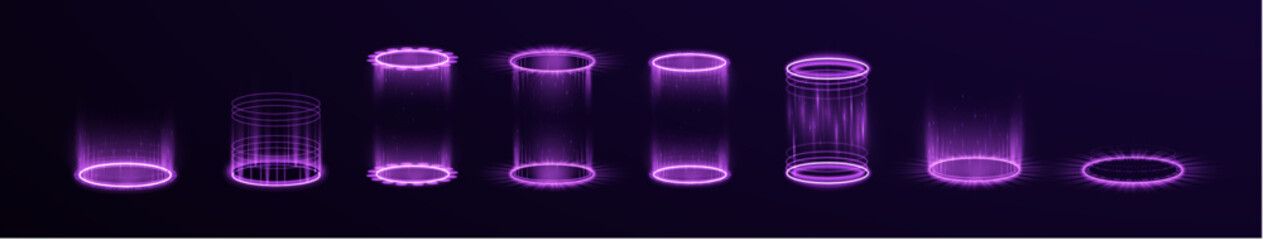 Holographic gateway with radiant neon lights stands on futuristic digital stage. Abstract sci fi rings glow with magical energy. Cyber vector background looks realistic. © Vitalii