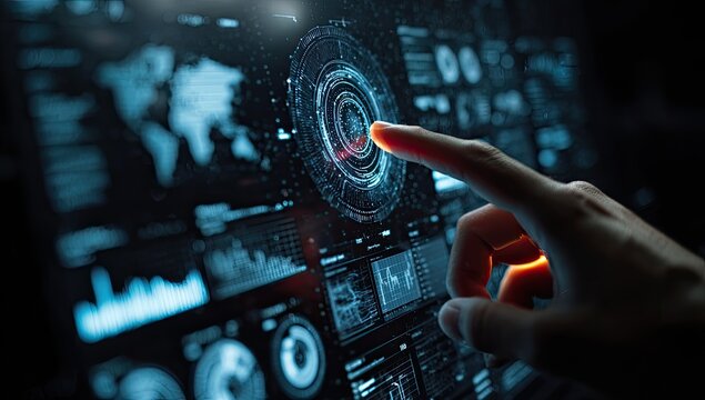 Finger touching glowing holographic interface displaying global data and charts