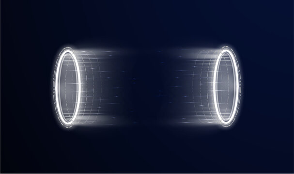 Futuristic vector portal emits bright blue rays inside virtual digital laboratory. Holographic rings create mystical teleportation effect.