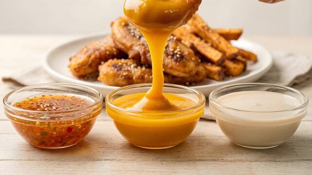 Delicious Chicken Wings and Dipping Sauces with Sweet Potato Fries on the Side