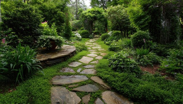 Lush green garden path meandering through verdant foliage under an archway