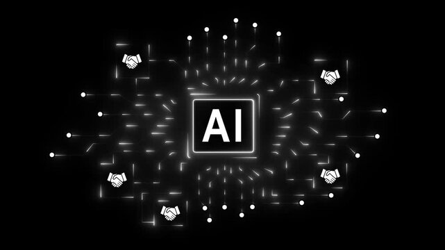 Glowing digital circuit board with central processor chip displaying AI concept,Digital schematic with neon energy flow, Futuristic AI technology and algorithm processing 4k video...