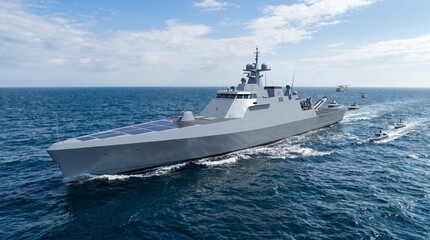 Obraz premium A modern grey stealth warship sailing on the open blue sea with a clear sky, accompanied by smaller boats.