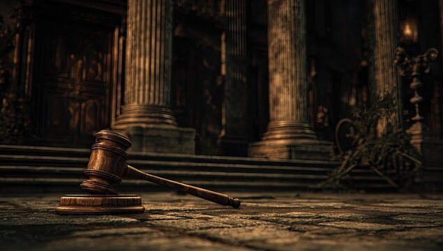 Gavel rests on stone steps outside grand building with ornate columns