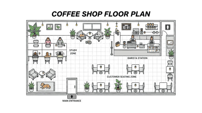 Coffee shop floor plan, cafe layout, restaurant design, vector illustration