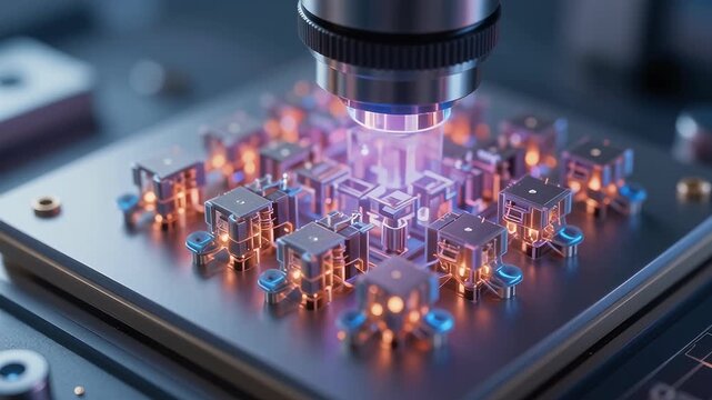 Detailed Inspection of Quantum Computing Chip Under Microscope