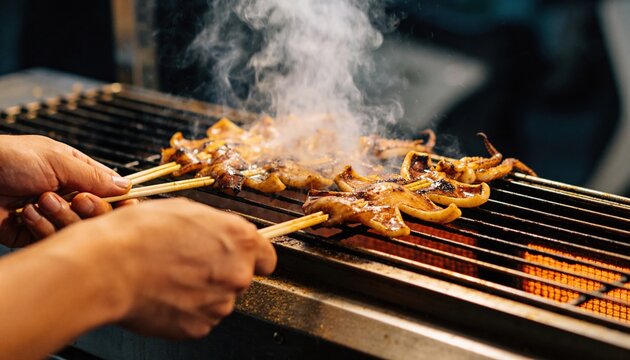 Close-up of hands using bamboo skewers to tend charred grilled squid on a hot charcoal street food grill with rising steam and smoke, authentic Asian street food cooking atmosphere and lifestyle