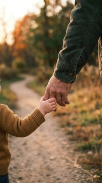 Close-up of a small toddler's hand gently holding a father's ringed hand while walking together on a gravel path surrounded by warm golden autumn foliage, authentic family love and bonding concept