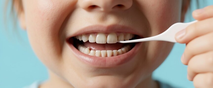 子供の歯磨きデンタルフロス使用のクローズアップ写真 歯の健康を維持する日課