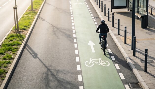 Elevated view of a cyclist riding along a green-painted dedicated bike lane with clear white markings on a clean modern city street in soft morning daylight, sustainable urban transport ESG concept