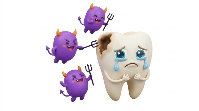 虫歯で泣く歯とそれを攻撃する紫色のキャラクターたち