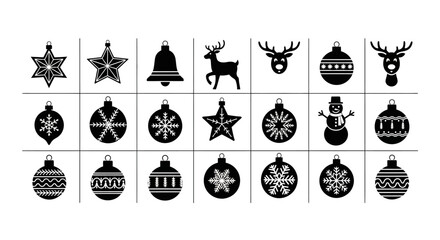 Collection of black christmas ornaments and icons on white background including stars bells reindeer snowflakes and snowman for holiday decoration and design © Priyanka