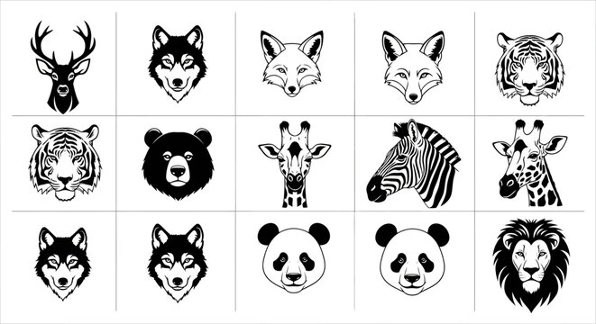 Collection of black and white animal head illustrations including deer wolf fox tiger bear zebra giraffe panda and lion