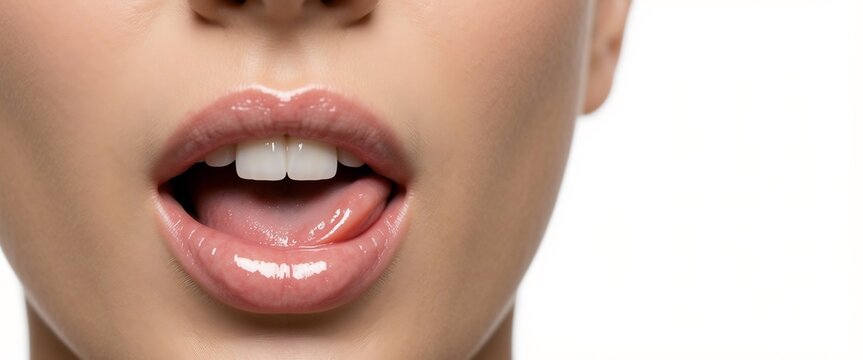 唇を舐める女性の口元、艶やかなリップグロスと白い歯が輝く様子