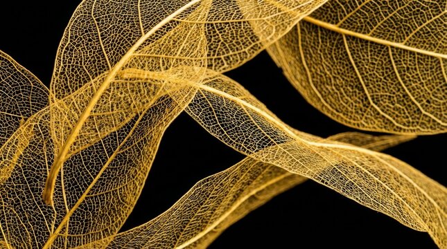 Delicate golden leaf skeletons against a stark black background, intricate details.