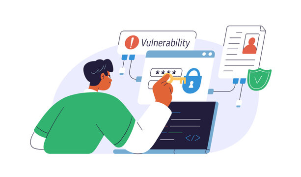Ethical hacking, breaching password. Digital unauthorized access, testing vulnerability, cyber attack concept. Cybersecurity, privacy threat. Flat vector illustration isolated on white background