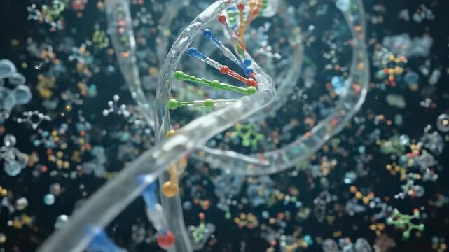 Dna double helix molecule, unzipping genetic data, complex microscopic biotechnology structure, vibrant biochemical protein interaction, scientific cellular process, molecular biology evolution.