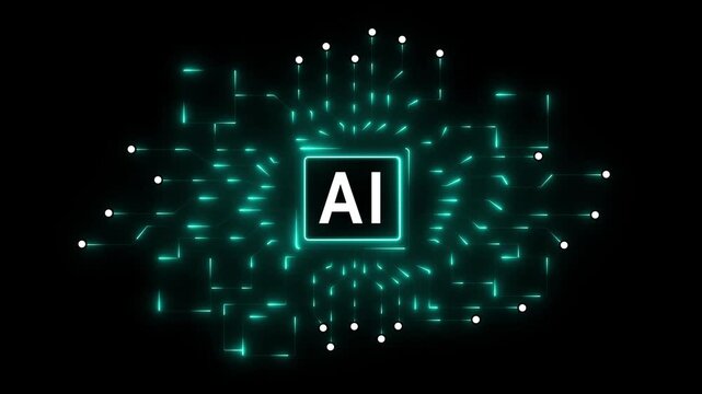 Glowing digital circuit board with central processor chip displaying AI concept,Digital schematic with neon energy flow, Futuristic AI technology and algorithm processing 4k video...