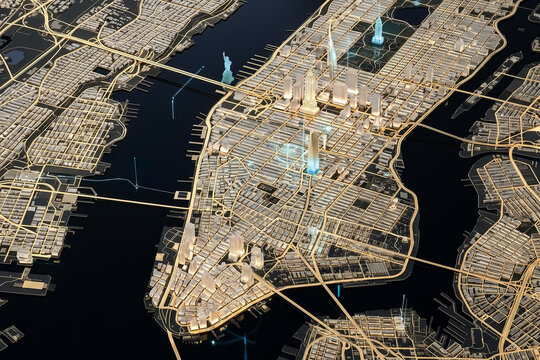 Futuristic 3D aerial map of New York City Manhattan in gold and black. Digital data visualization of urban architecture and skyline. Tech and financial business concept illustration.