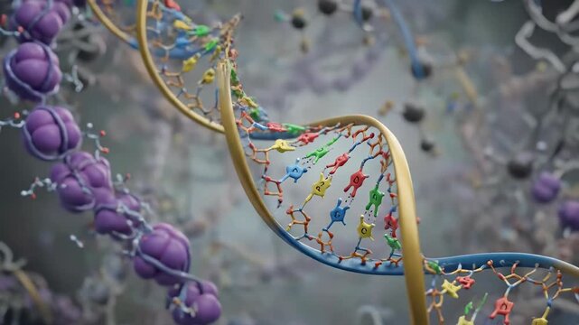 Deoxyribonucleic acid helix rotating within a complex biological environment, showcasing genetic information transmission, molecular structure, and biochemical process.