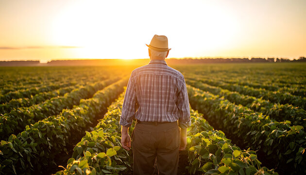 Farmer wearing a hat standing in a field of crops at sunset, looking towards the horizon, rural agriculture, golden hour light