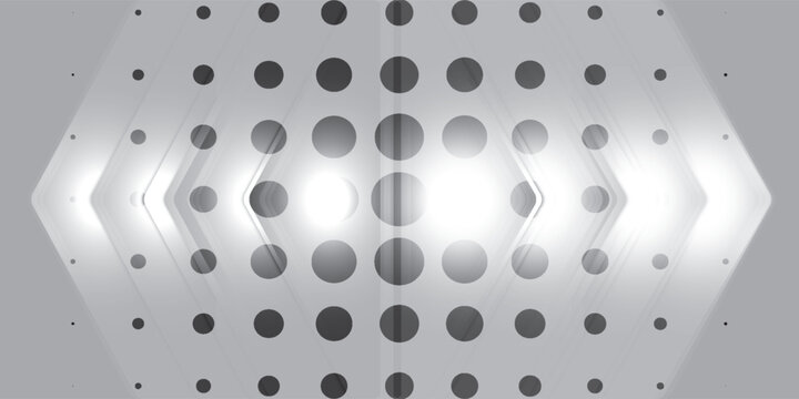 A modern abstract graphic design with a futuristic feel in grayscale (monochrome). Over the dotted pattern is a transparent, layered layer of arrows or chevrons.