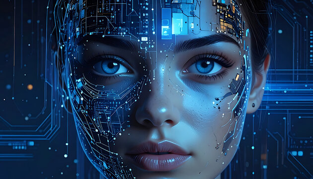 Face of a woman integrated with digital circuits and glowing blue data streams, representing artificial intelligence and future technology concepts