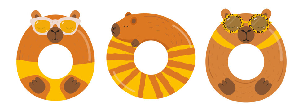 An inflatable rubber ring shaped like cute capybaras. A summer accessory for swimming in the sea. Beautiful inflatable pool toys.