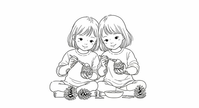 Two little girls sitting and knitting together happily indoors.