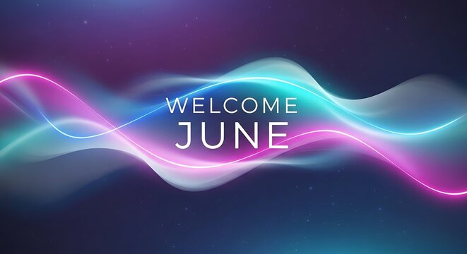 Vibrant neon welcome june text banner with gradient colors.
