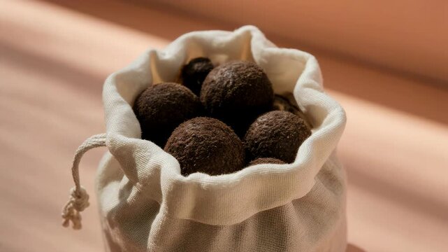 Small fabric bag filled with organic seed bombs. Eco-friendly gardening and reforestation concept. Sustainable agricultural products in a drawstring bag