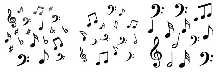 Collection of musical notes and clef symbols isolated on white background, black and white artistic music notation icons for creative design projects, symphony composition elements and artistic melody © Freezan