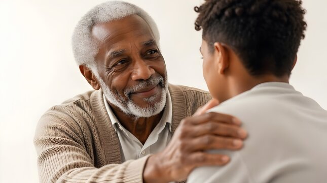 Senior Man Comforting Young Person, Intergenerational Support, Life Advice, Mentorship