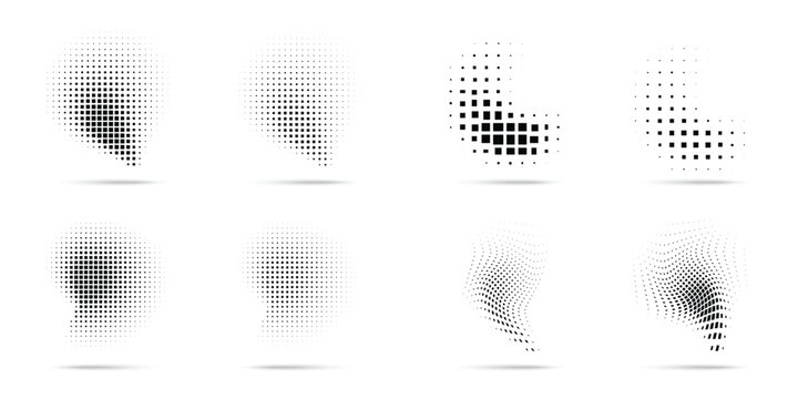 Set of halftone dots curved gradient pattern texture isolated on white background. Curve dotted spots using halftone square dot raster texture collection. Vector blot half tone collection.